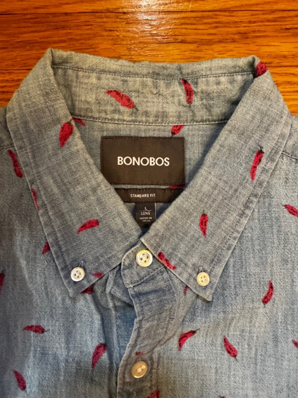 Bonobos Mens Large Long Tall Blue Chambray Chili Pepper Short Sleeve Shirt